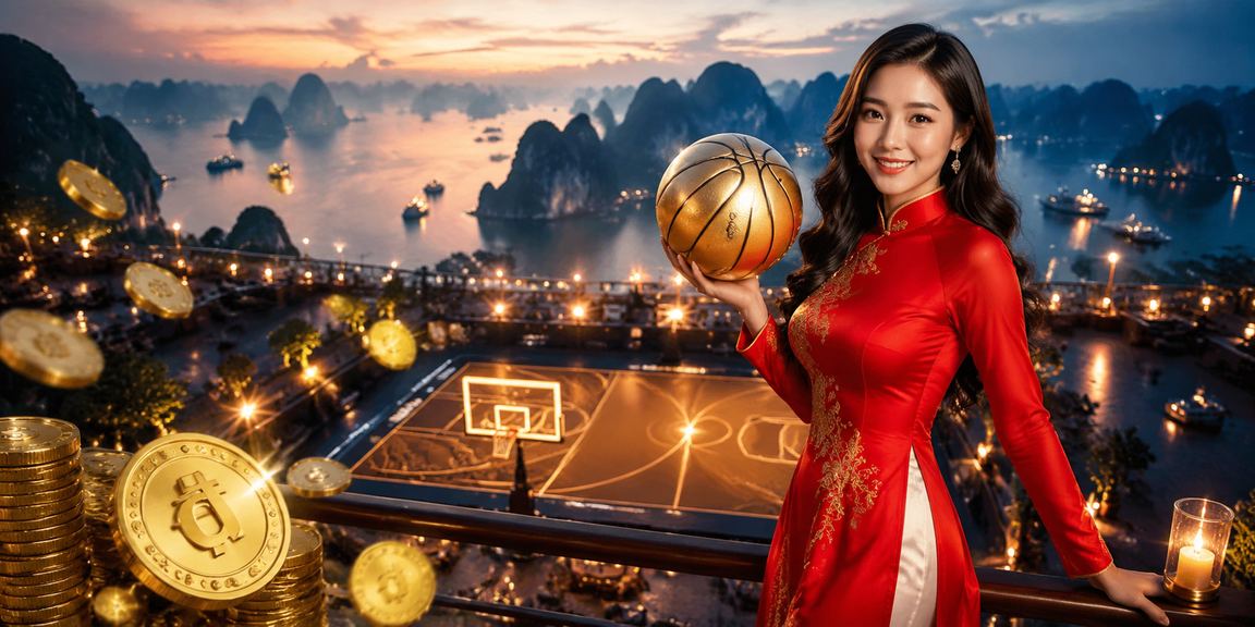 Người phụ nữ mặc áo dài tại Vịnh Hạ Long theo dõi kèo bóng rổ trên điện thoại